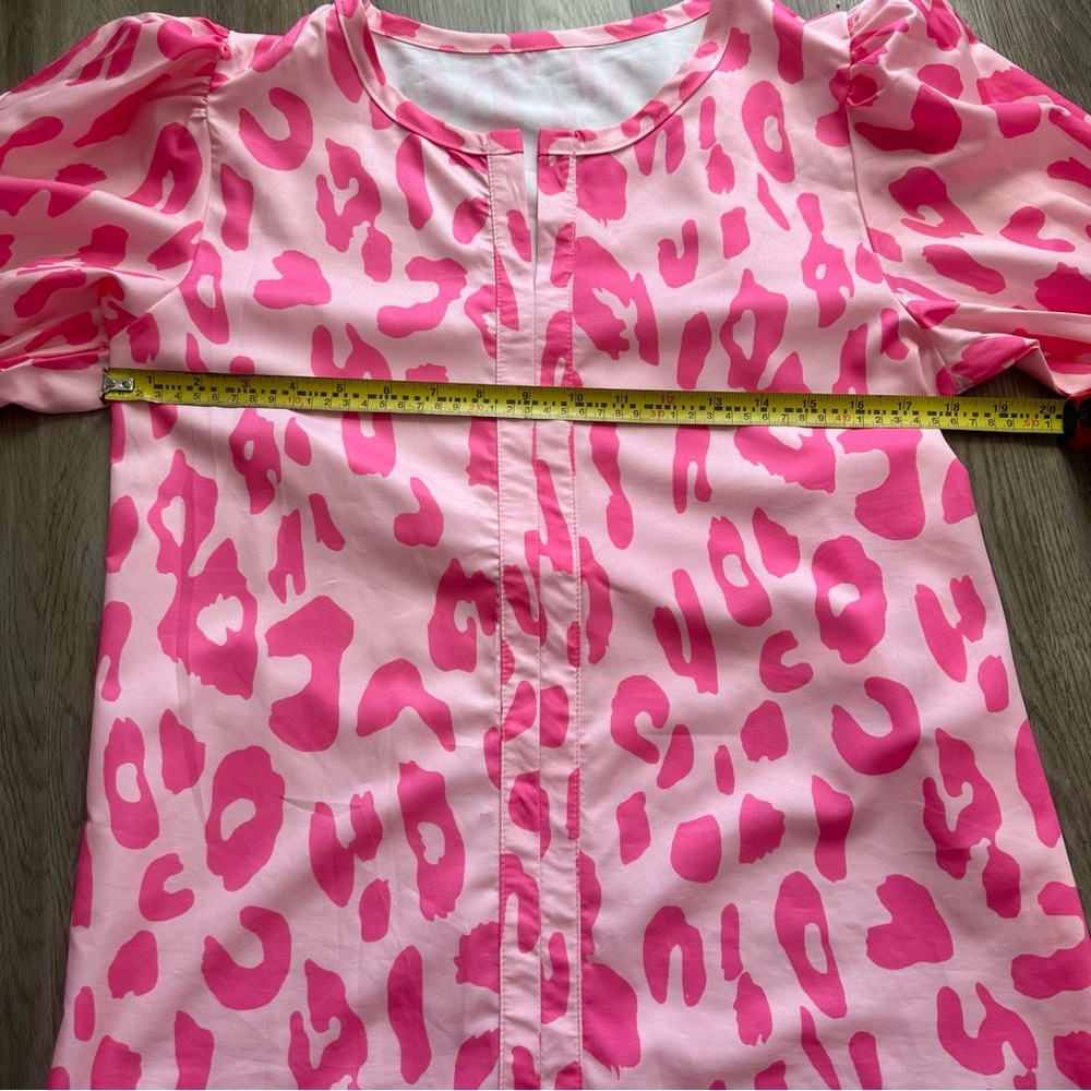 Pink Leopard Print V-neck Bubble Sleeve Smocked Blouse Top Silk Boutique Ruffle - Picture 11 of 12